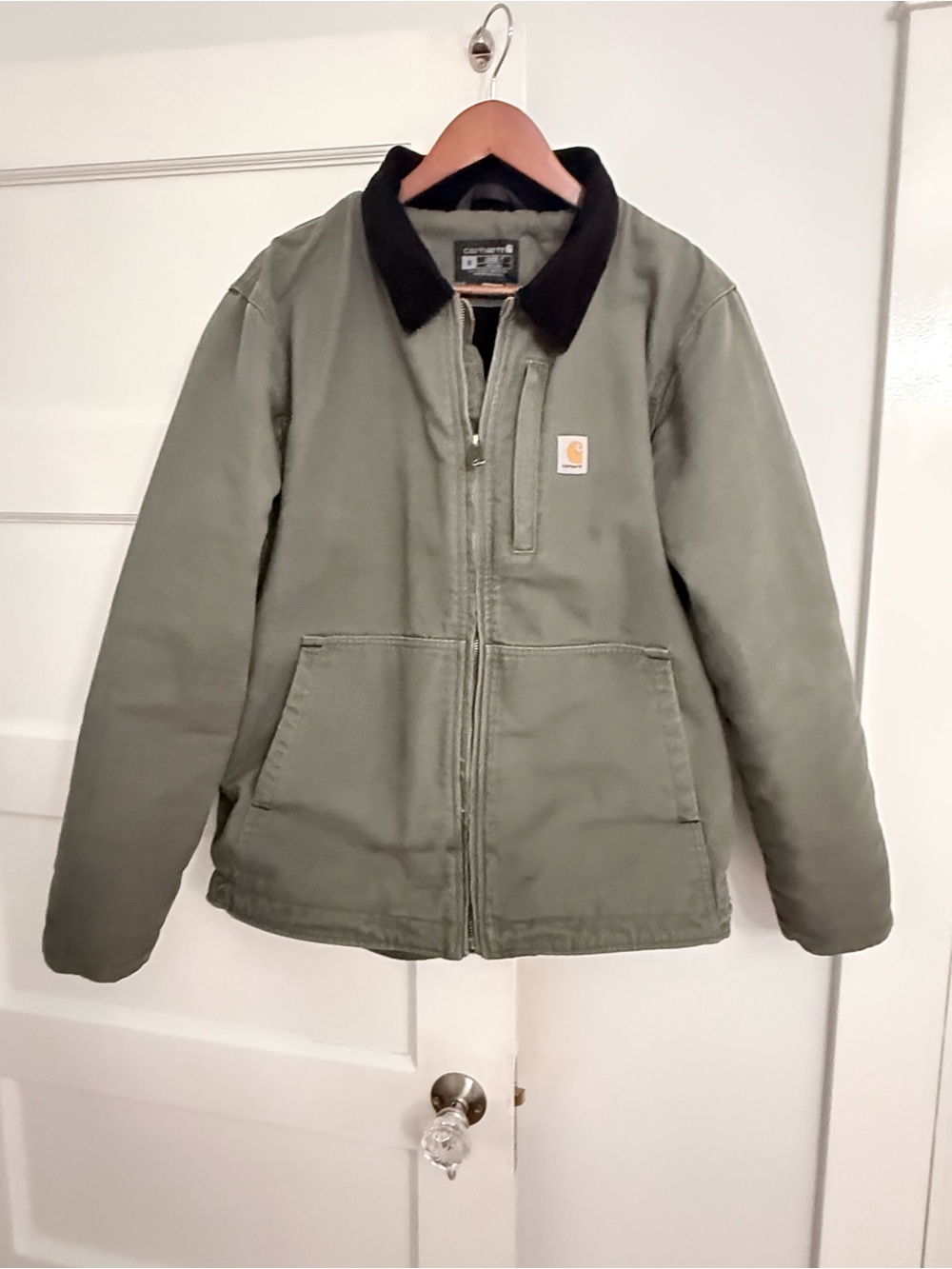 Carhartt Olive Green Jacket with Black Corduroy Collar